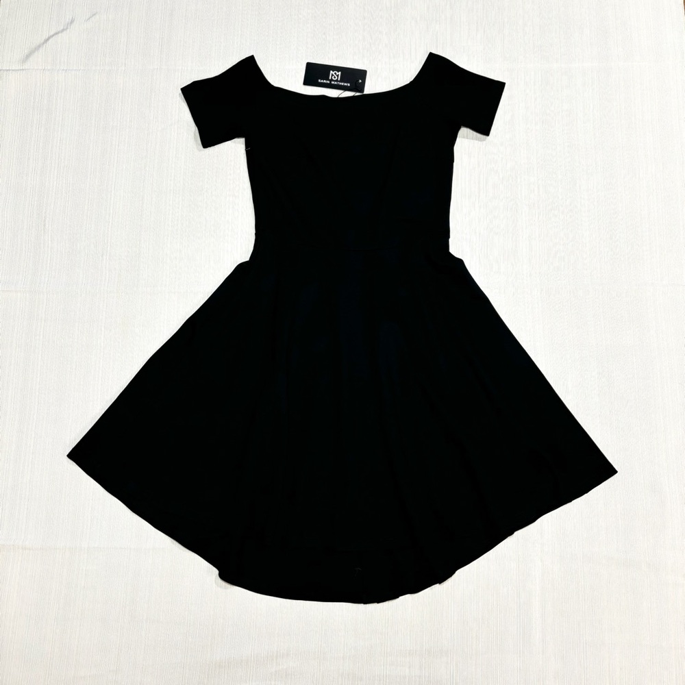 Sarin Mathews Black Off Shoulder Skater Dress M NWT High Low A-Line Swing